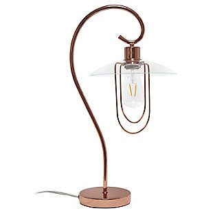 Add a tasteful update to any room in your home with this simple and elegant table lamp. This lamp features a beautiy curved metal base accented by a chic clear glass shade. Rejuvenate your living room, bedroom, foyer or office with this stylish lamp. HELPFUL TIP: To get the complete industrial look, we recommend using a decorative Edison/Vintage bulb (not included).Polished rose gold finish | Chic clear glass shade | Clean and modern look | (1) 40w type a base bulb (not included) required | Easily accessible on/off switch located on the cord | More color options available