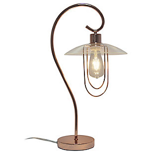 Add a tasteful update to any room in your home with this simple and elegant table lamp. This lamp features a beautifully curved metal base accented by a chic clear glass shade. Rejuvenate your living room, bedroom, foyer or office with this stylish lamp. HELPFUL TIP: To get the complete industrial look, we recommend using a decorative Edison/Vintage bulb (not included).Polished rose gold finish | Chic clear glass shade | Clean and modern look | (1) 40w type a medium base bulb (not included) required | Easily accessible on/off switch located on the cord | More color options available