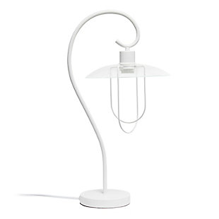 Add a tasteful update to any room in your home with this simple and elegant table lamp. This lamp features a beautifully curved metal base accented by a chic clear glass shade. Rejuvenate your living room, bedroom, foyer or office with this stylish lamp. HELPFUL TIP: To get the complete industrial look, we recommend using a decorative Edison/Vintage bulb (not included).White matte finish | Chic clear glass shade | Clean and modern look | (1) 40w type a medium base bulb (not included) required | Easily accessible on/off switch located on the cord | More color options available
