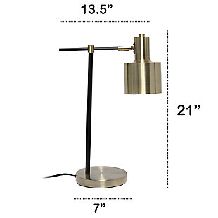 Illuminate your living space with this simple yet bold table lamp. It features a beautiful polished antique brass finish with black accents. The perfect accent piece for your office, bedroom, foyer or living room.Polished antique brass finish | Round metal shade | Modern and industrial | (1) 40w type a medium base bulb (not included) required | Easily accessible on/off switch on cord | 5 foot black cord