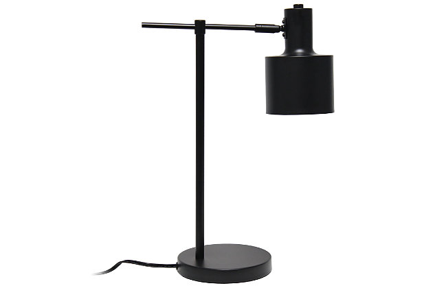 Illuminate your living space with this simple yet bold table lamp. It features a beautiful black matte finish with black accents. The perfect accent piece for your office, bedroom, foyer or living room.Black matte finish | Round metal shade | Modern and industrial | (1) 40w type a medium base bulb (not included) required | Easily accessible on/off switch on cord | 5 foot black cord