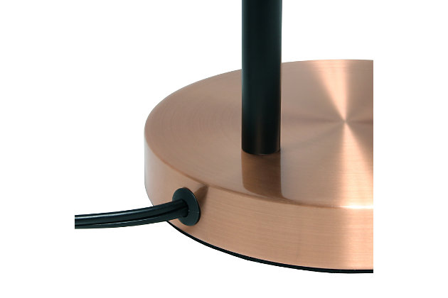 Illuminate your living space with this simple yet bold table lamp. It features a beautiful polished rose gold finish with black accents. The perfect accent piece for your office, bedroom, foyer or living room.Polished rose gold finish | Round metal shade | Modern and industrial | (1) 40w type a medium base bulb (not included) required | Easily accessible on/off switch on cord | 5 foot black cord