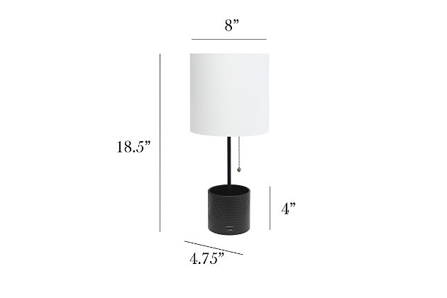 This fun and fashionable lamp features a black hammered metal base and a white fabric shade. It comes equipped with a USB seated in the base for charging mobile phones, handheld games, tablets, and other small electronics. This lamp will add a fabulous flair to any room. Perfect for bedrooms, kids and teens, college dorms, nurseries, or fun offices.Black base with usb charging port on base | White fabric shade | Perfect for bedrooms, kids room, college dorm, nursery, or fun office | Uses (1) 40w type a medium base bulb (not included) | Usb port on base for charging your phone or other device | Base includes storage for supplies