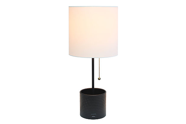 This fun and fashionable lamp features a black hammered metal base and a white fabric shade. It comes equipped with a USB seated in the base for charging mobile phones, handheld games, tablets, and other small electronics. This lamp will add a fabulous flair to any room. Perfect for bedrooms, kids and teens, college dorms, nurseries, or fun offices.Black base with usb charging port on base | White fabric shade | Perfect for bedrooms, kids room, college dorm, nursery, or fun office | Uses (1) 40w type a medium base bulb (not included) | Usb port on base for charging your phone or other device | Base includes storage for supplies