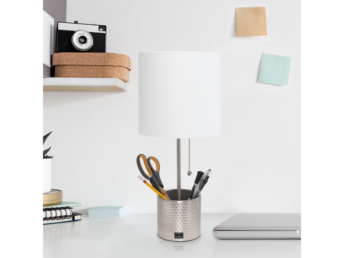 Simple Designs Hammered Metal Organizer Table Lamp with USB charging port and Fabric Shade Brushed Nickel Ashley
