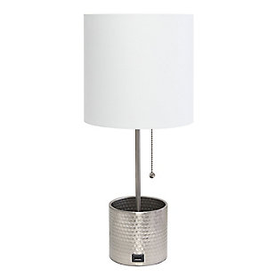 Simple Designs Hammered Metal Organizer Table Lamp with USB charging port and Fabric Shade, Brushed Nickel, Brushed Nickel, large