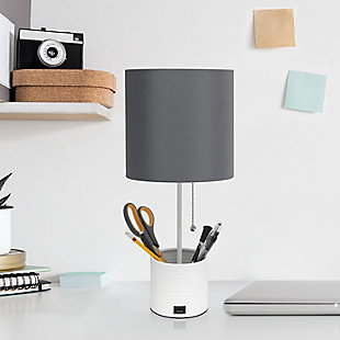 Simple Designs White Hammered Metal Organizer Table Lamp with USB charging port and Fabric Shade, Gray, Gray, rollover