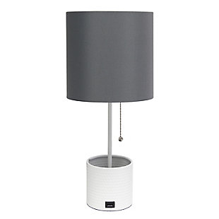 Simple Designs White Hammered Metal Organizer Table Lamp with USB charging port and Fabric Shade, Gray, Gray, large