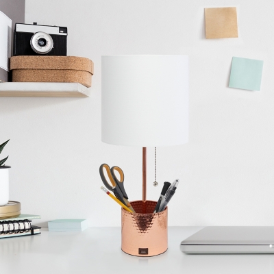 Simple Designs Hammered Metal Organizer Table Lamp with USB charging port and Fabric Shade, Rose Gold, Rose Gold, large