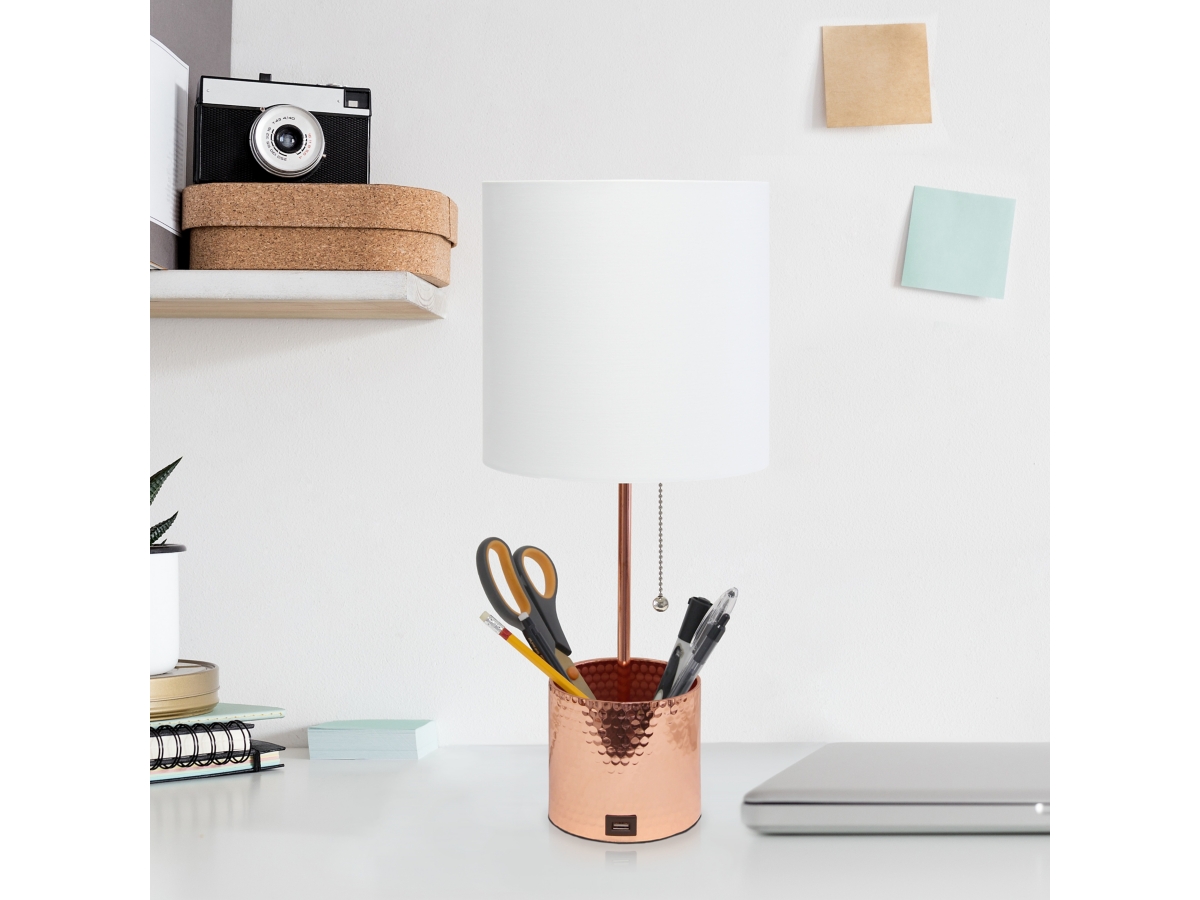 Simple Designs Hammered Metal Organizer Table Lamp with USB charging port and Fabric Shade Rose Gold