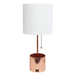 Simple Designs Hammered Metal Organizer Table Lamp with USB charging port and Fabric Shade, Rose Gold, Rose Gold, large