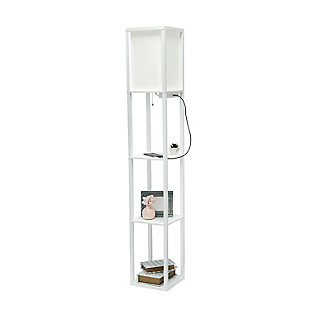 Illuminate your living space in style with our floor shelf lamp with linen shade. Equipped with two USB charging ports and one charging outlet, for easy access to charge mobile phones, handheld games, tablets, and other small electronics. This gorgeous piece adds versatility as the shelves can be used to display photographs and other memorabilia while the linen lamp shade casts a soft, warming light throughout your living space. This lamp adds sophistication and style to any home's decor.Floor lamp with 3 shelves for storage/display | Linen shade casts soft, warm glow | Uses (1) 100w type a medium base bulb (not included) | (2) usb charging ports and (1) charging outlet located under shade for convenient charging of electronic devices | Pull-chain on/off switch | Assembly required