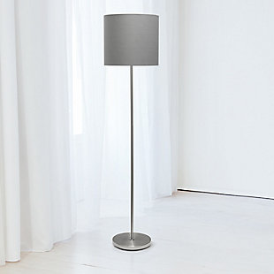 Simply designed to make this floor lamp ideal in your living room, bedroom, foyer, or study. Keep this light at the forefront to display, or tucked away on the side to save room. With a brushed nickel finish and gray fabric shade, it will be the right piece to add to your space.Brushed nickel finish and fabric shade | Classic, simple design suitable for any room | Uses (1) 60w e26 medium base bulb | Foot switch | Some assembly required