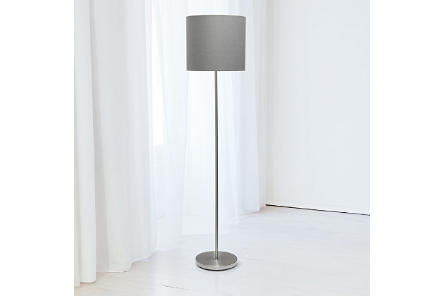 Simply designed to make this floor lamp ideal in your living room, bedroom, foyer, or study. Keep this light at the forefront to display, or tucked away on the side to save room. With a brushed nickel finish and gray fabric shade, it will be the right piece to add to your space.Brushed nickel finish and fabric shade | Classic, simple design suitable for any room | Uses (1) 60w e26 medium base bulb | Foot switch | Some assembly required