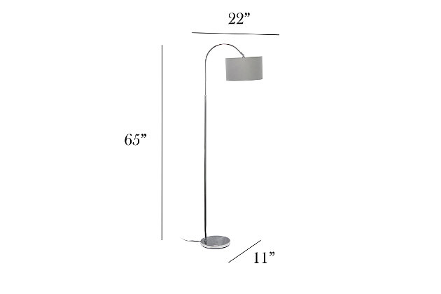 Upgrade your basic floor lamp with this simple but fun arched floor lamp. This item has a fresh look with a brushed nickel finish throughout and a clean gray fabric shade. It's the perfect addition to modern or traditional styled rooms.Brushed nickel finish | Gray fabric drum shade | Uses (1) 60w type a medium based incandescent bulb (not included) | Easy to use on/off floor switch on cord | Some assembly required