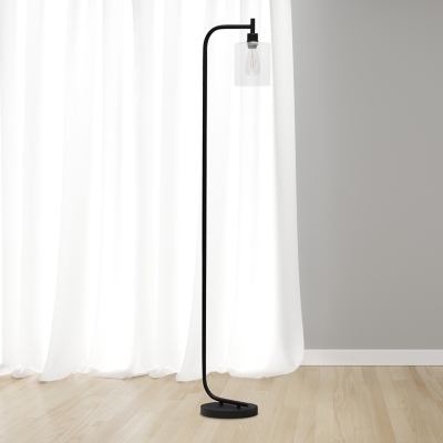 Simple Designs Modern Iron Lantern Floor Lamp with Glass Shade, Black, Black, large