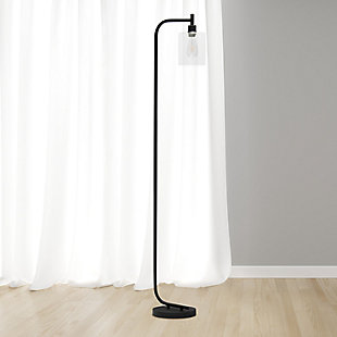 The perfect floor lamp to add a modest, refined look to any room. The iron base and curved arm are accented with a simple glass shade for a sophisticated touch. Perfect for foyers, bedrooms, living rooms or even offices. HELPFUL TIP: To get the complete industrial look, we recommend using a decorative Edison/Vintage bulb (not included).Black finish | Clear glass cylindrical shade | Uses (1) 60w type a medium based incandescent bulb (not included) | Easy to use on/off floor switch on cord | Some assembly required