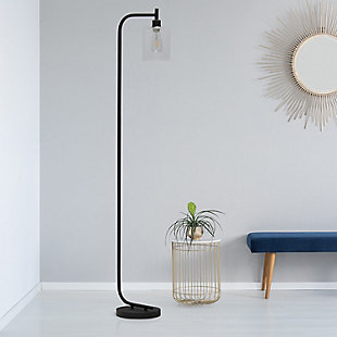The perfect floor lamp to add a modest, refined look to any room. The iron base and curved arm are accented with a simple glass shade for a sophisticated touch. Perfect for foyers, bedrooms, living rooms or even offices. HELPFUL TIP: To get the complete industrial look, we recommend using a decorative Edison/Vintage bulb (not included).Black finish | Clear glass cylindrical shade | Uses (1) 60w type a medium based incandescent bulb (not included) | Easy to use on/off floor switch on cord | Some assembly required