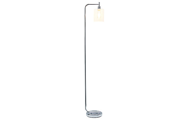 The perfect floor lamp to add a modest, refined look to any room. The iron base and curved arm are accented with a simple glass shade for a sophisticated touch. Perfect for foyers, bedrooms, living rooms or even offices. HELPFUL TIP: To get the complete industrial look, we recommend using a decorative Edison/Vintage bulb (not included).Chrome finish | Clear glass cylindrical shade | Uses (1) 60w type a medium based incandescent bulb (not included) | Easy to use on/off floor switch on cord | Some assembly required