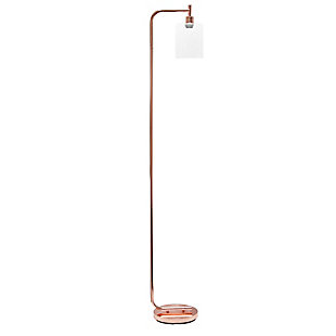 The perfect floor lamp to add a modest, refined look to any room. The iron base and curved arm are accented with a simple glass shade for a sophisticated touch. Perfect for foyers, bedrooms, living rooms or even offices. HELPFUL TIP: To get the complete industrial look, we recommend using a decorative Edison/Vintage bulb (not included).Rose gold finish | Clear glass cylindrical shade | Uses (1) 60w type a medium based incandescent bulb (not included) | Easy to use on/off floor switch on cord | Some assembly required