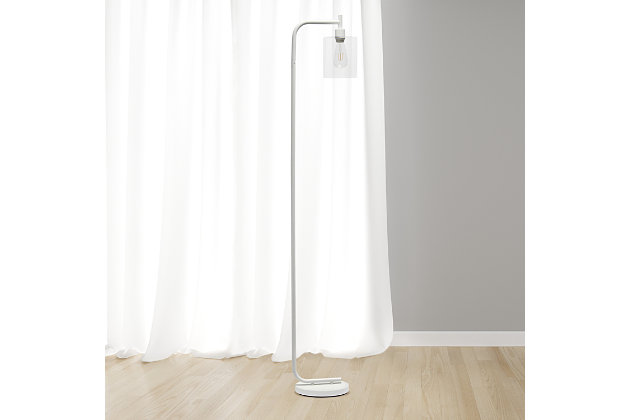 The perfect floor lamp to add a modest, refined look to any room. The iron base and curved arm are accented with a simple glass shade for a sophisticated touch. Perfect for foyers, bedrooms, living rooms or even offices. HELPFUL TIP: To get the complete industrial look, we recommend using a decorative Edison/Vintage bulb (not included).White finish | Clear glass cylindrical shade | Uses (1) 60w type a medium based incandescent bulb (not included) | Easy to use on/off floor switch on cord | Some assembly required