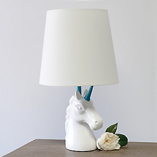 Add a touch of personality to your decor with this fun unicorn lamp. With a white resin base and touches of shimmering blue glitter, this lamp is sure to illuminate any room in style. Perfect for bedrooms, kids and teens, college dorms or nurseries.White and blue glitter resin base | White tapered fabric shade | Unicorn's horn and neck of lamp coated in shimmering blue glitter | Uses (1) 40w type a base bulb (not included) | Easily accessible rotary switch located on the cord