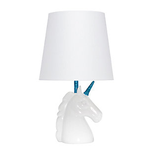Add a touch of personality to your decor with this fun unicorn lamp. With a white resin base and touches of shimmering blue glitter, this lamp is sure to illuminate any room in style. Perfect for bedrooms, kids and teens, college dorms or nurseries.White and blue glitter resin base | White tapered fabric shade | Unicorn's horn and neck of lamp coated in shimmering blue glitter | Uses (1) 40w type a base bulb (not included) | Easily accessible rotary switch located on the cord