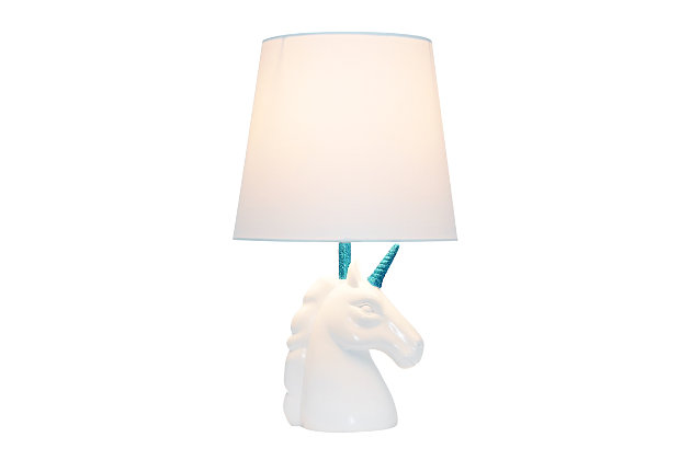 Add a touch of personality to your decor with this fun unicorn lamp. With a white resin base and touches of shimmering blue glitter, this lamp is sure to illuminate any room in style. Perfect for bedrooms, kids and teens, college dorms or nurseries.White and blue glitter resin base | White tapered fabric shade | Unicorn's horn and neck of lamp coated in shimmering blue glitter | Uses (1) 40w type a medium base bulb (not included) | Easily accessible rotary switch located on the cord