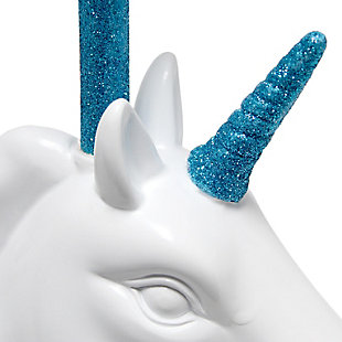 Add a touch of personality to your decor with this fun unicorn lamp. With a white resin base and touches of shimmering blue glitter, this lamp is sure to illuminate any room in style. Perfect for bedrooms, kids and teens, college dorms or nurseries.White and blue glitter resin base | White tapered fabric shade | Unicorn's horn and neck of lamp coated in shimmering blue glitter | Uses (1) 40w type a medium base bulb (not included) | Easily accessible rotary switch located on the cord