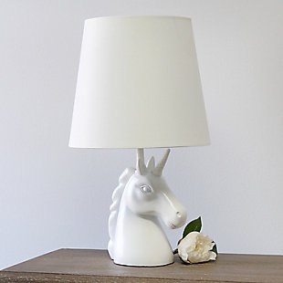 Add a touch of personality to your decor with this fun unicorn lamp. With a white resin base and touches of shimmering iridescent glitter, this lamp is sure to illuminate any room in style. Perfect for bedrooms, kids and teens, college dorms or nurseries.White and iridescent glitter resin base | White tapered fabric shade | Unicorn's horn and neck of lamp coated in shimmering iridescent glitter | Uses (1) 40w type a medium base bulb (not included) | Easily accessible rotary switch located on the cord