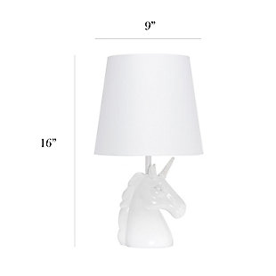 Add a touch of personality to your decor with this fun unicorn lamp. With a white resin base and touches of shimmering iridescent glitter, this lamp is sure to illuminate any room in style. Perfect for bedrooms, kids and teens, college dorms or nurseries.White and iridescent glitter resin base | White tapered fabric shade | Unicorn's horn and neck of lamp coated in shimmering iridescent glitter | Uses (1) 40w type a medium base bulb (not included) | Easily accessible rotary switch located on the cord