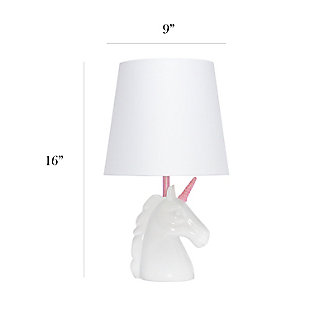 Add a touch of personality to your decor with this fun unicorn lamp. With a white resin base and touches of shimmering pink glitter, this lamp is sure to illuminate any room in style. Perfect for bedrooms, kids and teens, college dorms or nurseries.White and pink glitter resin base | White tapered fabric shade | Unicorn's horn and neck of lamp coated in shimmering pink glitter | Uses (1) 40w type a medium base bulb (not included) | Easily accessible rotary switch located on the cord