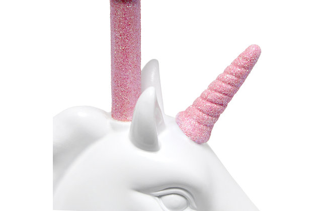 Add a touch of personality to your decor with this fun unicorn lamp. With a white resin base and touches of shimmering pink glitter, this lamp is sure to illuminate any room in style. Perfect for bedrooms, kids and teens, college dorms or nurseries.White and pink glitter resin base | White tapered fabric shade | Unicorn's horn and neck of lamp coated in shimmering pink glitter | Uses (1) 40w type a medium base bulb (not included) | Easily accessible rotary switch located on the cord