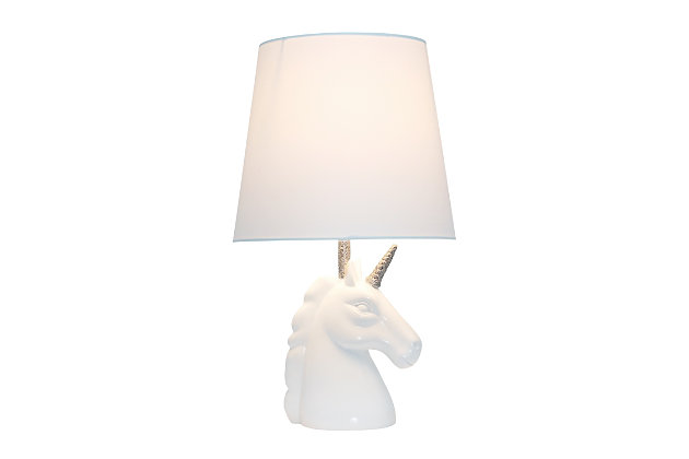 Add a touch of personality to your decor with this fun unicorn lamp. With a white resin base and touches of shimmering silver glitter, this lamp is sure to illuminate any room in style. Perfect for bedrooms, kids and teens, college dorms or nurseries.White and silver glitter resin base | White tapered fabric shade | Unicorn's horn and neck of lamp coated in shimmering silver glitter | Uses (1) 40w type a medium base bulb (not included) | Easily accessible rotary switch located on the cord