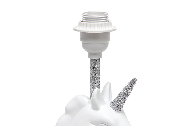 Add a touch of personality to your decor with this fun unicorn lamp. With a white resin base and touches of shimmering silver glitter, this lamp is sure to illuminate any room in style. Perfect for bedrooms, kids and teens, college dorms or nurseries.White and silver glitter resin base | White tapered fabric shade | Unicorn's horn and neck of lamp coated in shimmering silver glitter | Uses (1) 40w type a medium base bulb (not included) | Easily accessible rotary switch located on the cord