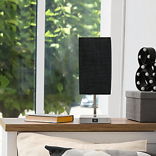 Simple Designs Petite Stick Lamp with USB Charging Port and Fabric Shade, Black, Brushed Nickel/Black, rollover