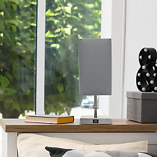 Simple Designs Petite Stick Lamp with USB Charging Port and Fabric Shade, Gray, Brushed Nickel/Gray, rollover