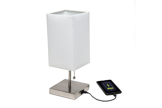 Simple yet fun, this fashionable table lamp features a brushed nickel base and a fabric shade. It comes equipped with a USB seated in the base for charging mobile phones, handheld games, tablets, and other small electronics. This lamp will add a fabulous flair to any room. Perfect for bedrooms, kids and teens, college dorms, nurseries, or fun offices.Brushed nickel base with usb charging port on base | Rectangular fabric shade | Perfect for bedrooms, kids room, college dorm, nursery, or fun office | Uses (1) 40w type a medium base bulb (not included) | Usb port on base for charging your phone or other devices | Lamp is a mini lamp; please see details for height