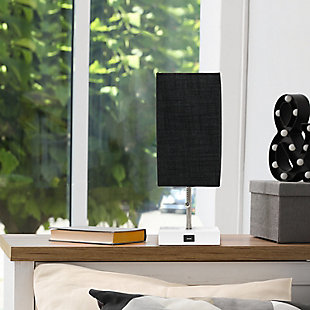 Simple Designs Petite White Stick Lamp with USB Charging Port and Fabric Shade, Black, White/Black, rollover