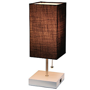 Simple yet fun, this fashionable table lamp features a white base and a fabric shade. It comes equipped with a USB seated in the base for charging mobile phones, handheld games, tablets, and other small electronics. This lamp will add a fabulous flair to any room. Perfect for bedrooms, kids and teens, college dorms, nurseries, or fun offices.White base with usb charging port on base | Rectangular fabric shade | Perfect for bedrooms, kids room, college dorm, nursery, or fun office | Uses (1) 40w type a medium base bulb (not included) | Usb port on base for charging your phone or other devices | Lamp is a mini lamp; please see details for height