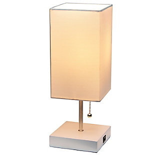 Simple yet fun, this fashionable table lamp features a white base and a fabric shade. It comes equipped with a USB seated in the base for charging mobile phones, handheld games, tablets, and other small electronics. This lamp will add a fabulous flair to any room. Perfect for bedrooms, kids and teens, college dorms, nurseries, or fun offices.White base with usb charging port on base | Rectangular fabric shade | Perfect for bedrooms, kids room, college dorm, nursery, or fun office | Uses (1) 40w type a medium base bulb (not included) | Usb port on base for charging your phone or other devices | Lamp is a mini lamp; please see details for height
