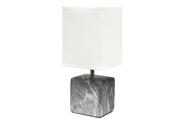 Sleek and sophisticated, this chic table lamp is perfect for adding a little style to any room. Crafted from ceramic, this design features an elegant marble-like construction in its bold square base. Perfect for bedrooms, entryways, kids and teens, college dorms, nurseries, or offices.Black faux marble base | White rectangular fabric shade | Trendy faux marble look | Uses (1) 40w type b e-12 candelabra base bulb (not included) | Easily accessible rotary switch located on the cord | Lamp is a mini lamp; please see details for height
