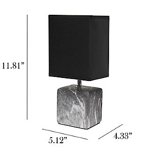 Sleek and sophisticated, this chic table lamp is perfect for adding a little style to any room. Crafted from ceramic, this design features an elegant marble-like construction in its bold square base. Perfect for bedrooms, entryways, kids and teens, college dorms, nurseries, or offices.Black faux marble base | Black rectangular fabric shade | Trendy faux marble look | Uses (1) 40w type b e-12 candelabra base bulb (not included) | Easily accessible rotary switch located on the cord | Lamp is a mini lamp; please see details for height