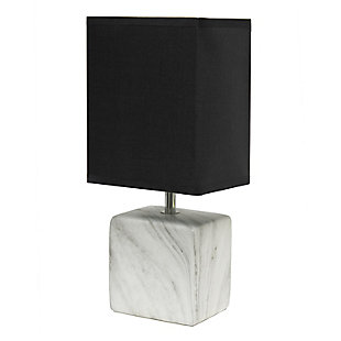 Sleek and sophisticated, this chic table lamp is perfect for adding a little style to any room. Crafted from ceramic, this design features an elegant marble-like construction in its bold square base. Perfect for bedrooms, entryways, kids and teens, college dorms, nurseries, or offices.White faux marble base | Black rectangular fabric shade | Trendy faux marble look | Uses (1) 40w type b e-12 candelabra base bulb (not included) | Easily accessible rotary switch located on the cord | Lamp is a mini lamp; please see details for height