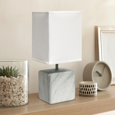 Simple Designs Petite Marbled Ceramic Table Lamp with Fabric Shade, White with White Shade, White/White, large