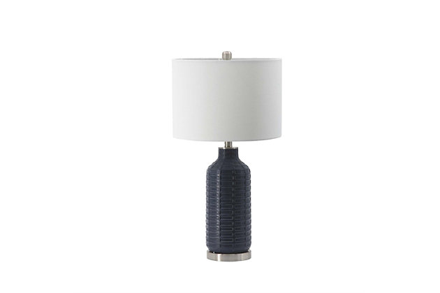 Satisfying both function and form, this ceramic table lamps provide a classic, refined look with a textured element. Providing the perfect finishing touch for any bedroom, desk or living space, the cool and airy ambiance makes it ideal to take center stage in your living space.Made of ceramic and metal with harback fabric shade | Blue finish | Metal base with silvertone finish | Rotary switch | 1 type E26 bulb (not included); 60 watts max; UL Listed | Indoor use only | Imported | Assembly required