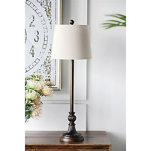 Perfectly suited for foyers and hallways, this lamp is crafted from bronze-tone resin and topped with a beige A-line shade. The tall profile of the candlestick design is perfect by itself or displayed in pairs on the dining room console or accent table in the living room or your office. This table lamp makes a great addition to any traditional living space.Made of resin with hardback fabric shade | Bronze-tone finish | Base with bronze-tone finish | Rotary switch | 1 type E26 bulb (not included); 60 watts max; UL Listed | Indoor use only | Imported | Assembly required