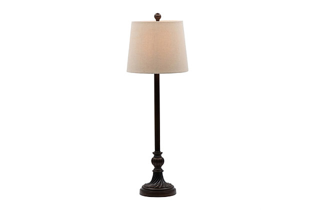 Perfectly suited for foyers and hallways, this lamp is crafted from bronze-tone resin and topped with a beige A-line shade. The tall profile of the candlestick design is perfect by itself or displayed in pairs on the dining room console or accent table in the living room or your office. This table lamp makes a great addition to any traditional living space.Made of resin with hardback fabric shade | Bronze-tone finish | Base with bronze-tone finish | Rotary switch | 1 type E26 bulb (not included); 60 watts max; UL Listed | Indoor use only | Imported | Assembly required