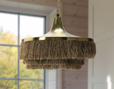 Creative Co-op Contemporary Boho 2-tier Decorative Fringe Pendant Light, Taupe, rollover