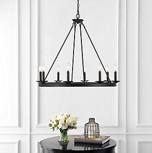 Designed for the contemporary tastemaker, this eight-light chandelier is an investment in stylish living. Its minimalist metal circle is finished in black that brings sophistication and industrial chic charm to any living room or dining room.Made of iron | Black finish | 2-way switch | Uses eight 4-watt led blubs (included) | Adjustable height with 84" cord length | Hardwired fixture; professional installation recommended | Indoor use only | Assembly required | Imported